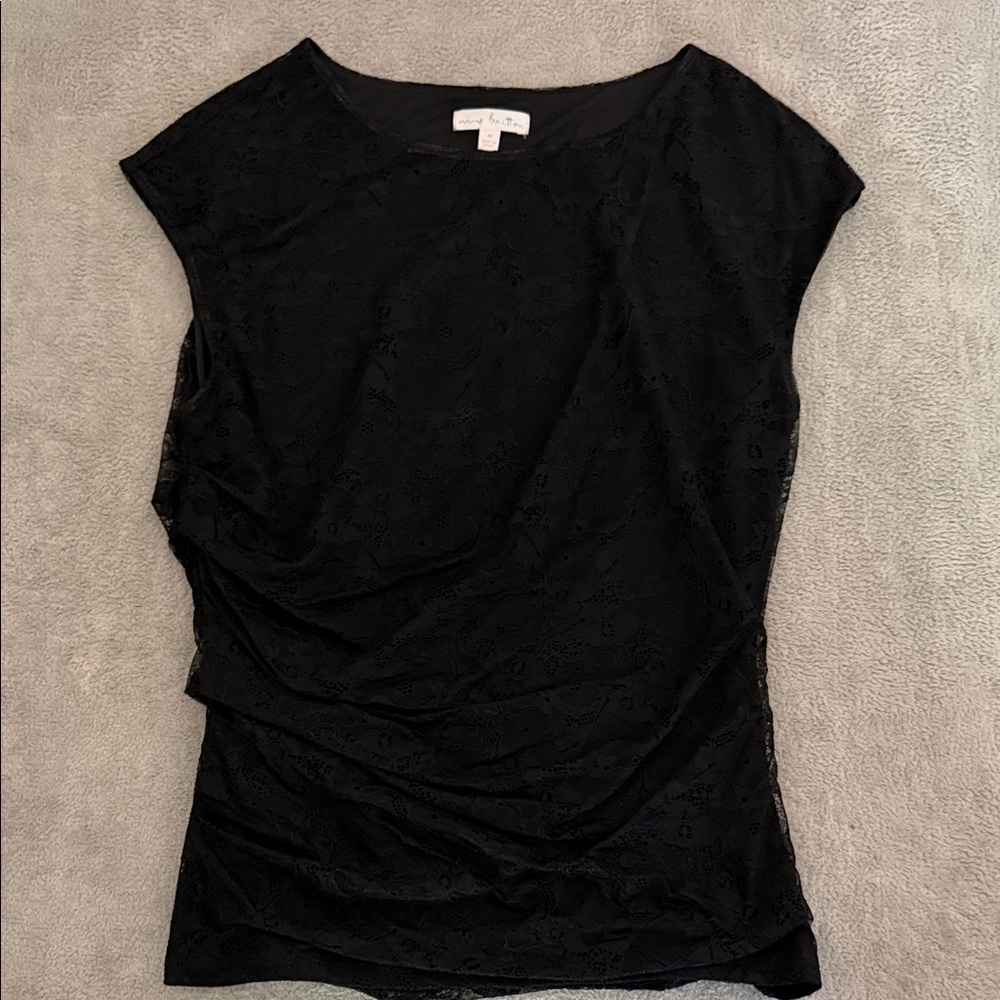 nine britton Black Lace-Overlay Cap Sleeve Blouse